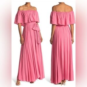 New Meghan LA Morning Glory Off-Shoulder Pink Maxi Dress